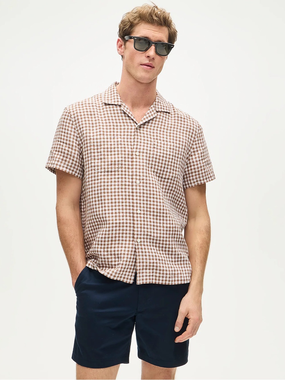 J. Crew Short-sleeve linen camp-collar shirt in gingham Size M NWT $98 CT924